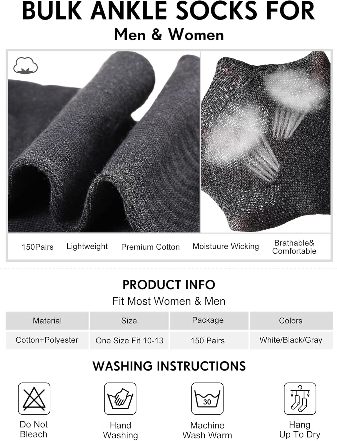 Tarpop 150 Pairs Mens Socks in Bulk Pack Unisex Socks Adult for Homeless Sports Ankle Moisture Wicking for Men Women - Image 3