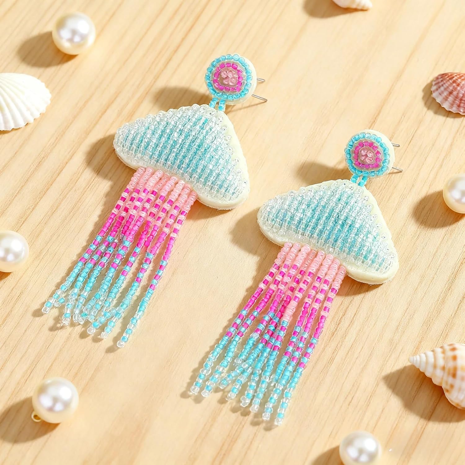 Handmade Beaded Jellyfish Tassel Earrings for Women, Bohemian Ocean Theme Jellyfish Dangle Earring for Summer Festival Party Jewelry - Image 2