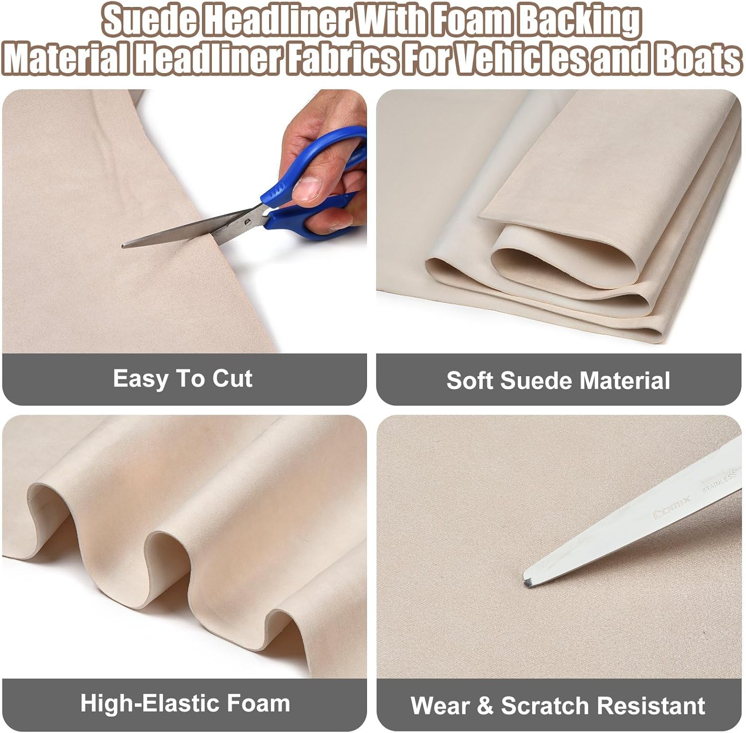 Suede Auto Headliner Fabric 98" L x 60" W with Foam Backing, Beige Automotive Headliner Fabric for Car Interior Truck, SUV, RV Roof Headliner DIY Repair & Upgrade (Beige)