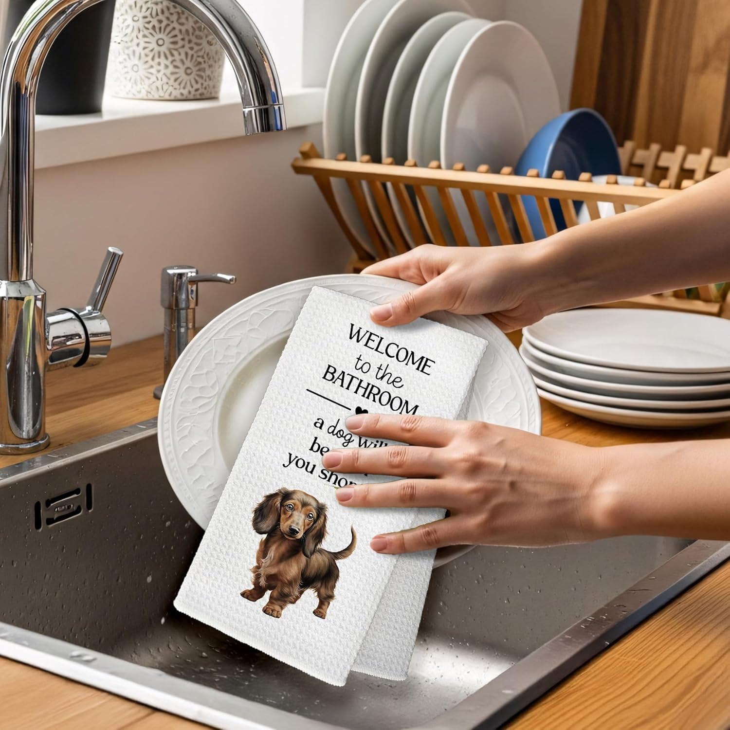 Funny Long Haired Dachshund Dog Hand Towels, Dachshund Gifts for Women Hand Towel, A Dog Will Be with You Shortly Decorative Towels Bath Towel for Bathroom, Funny Puppy Bathroom Decor, 16x24in - Image 4