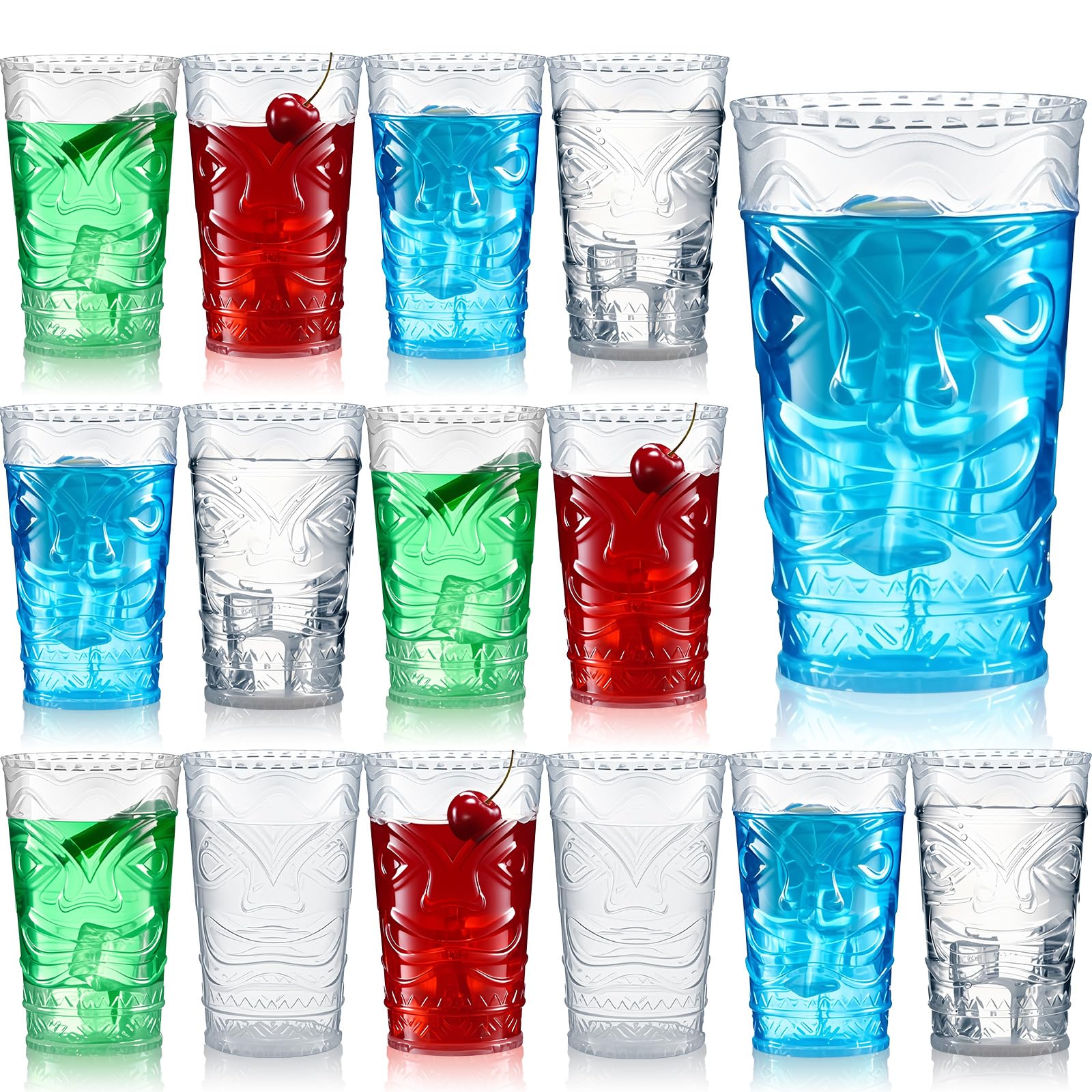 Qinyoung 15 Pcs Hawaiian Tiki Plastic Cups Bulk 14 oz Tiki Glasses for Cocktails Statue Drinking Cup for Summer Party Supplies (15 Pcs,Transparent)