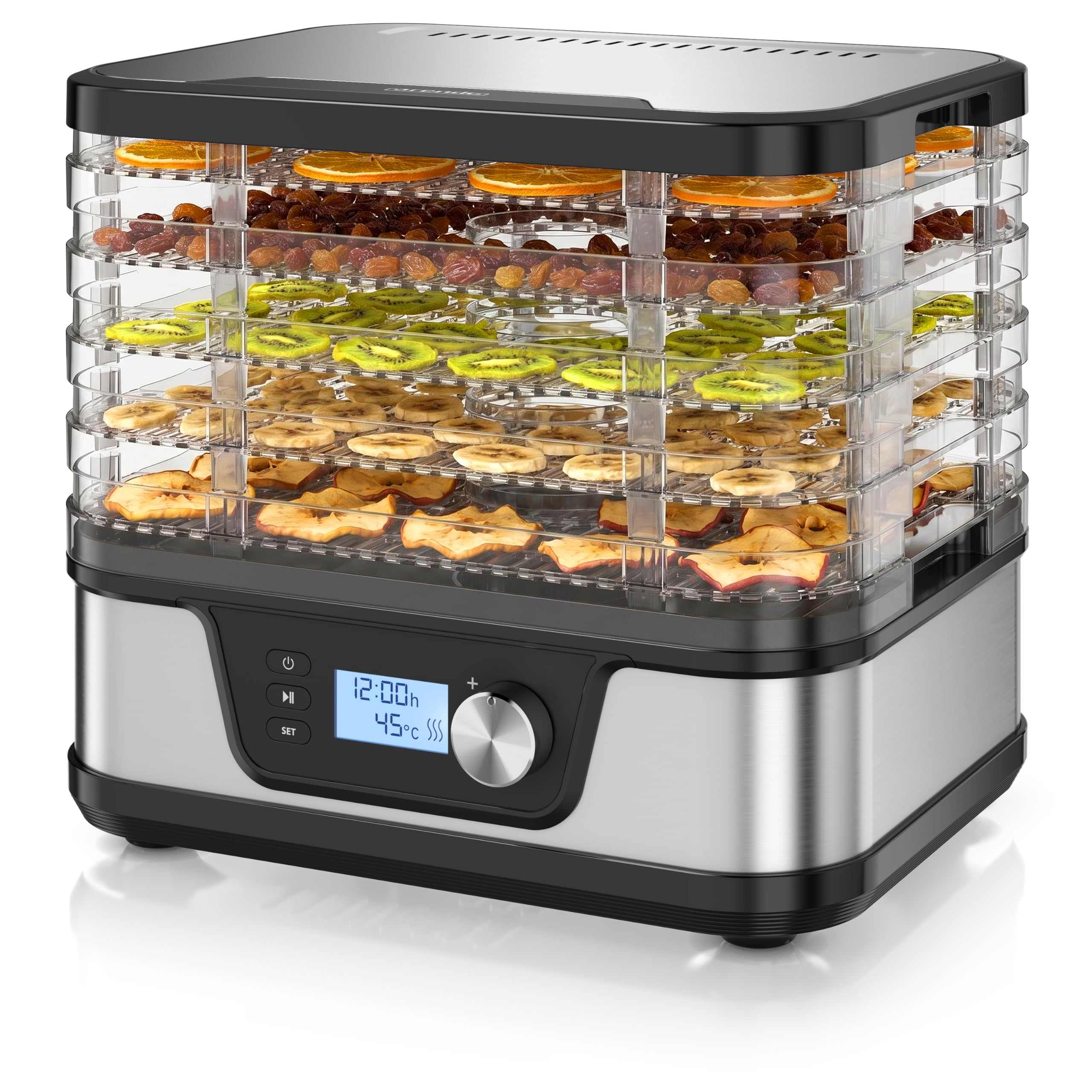 Arendo - Dörrautomat Edelstahl mit Temperaturregler - Edelstahl Dörrgerät für Lebensmittel Fleisch Früchte Gemüse - mit Timer bis zu 24 h - 35-75 Grad - 5 Einlegefächer - GS - Dehydrator - BPA frei