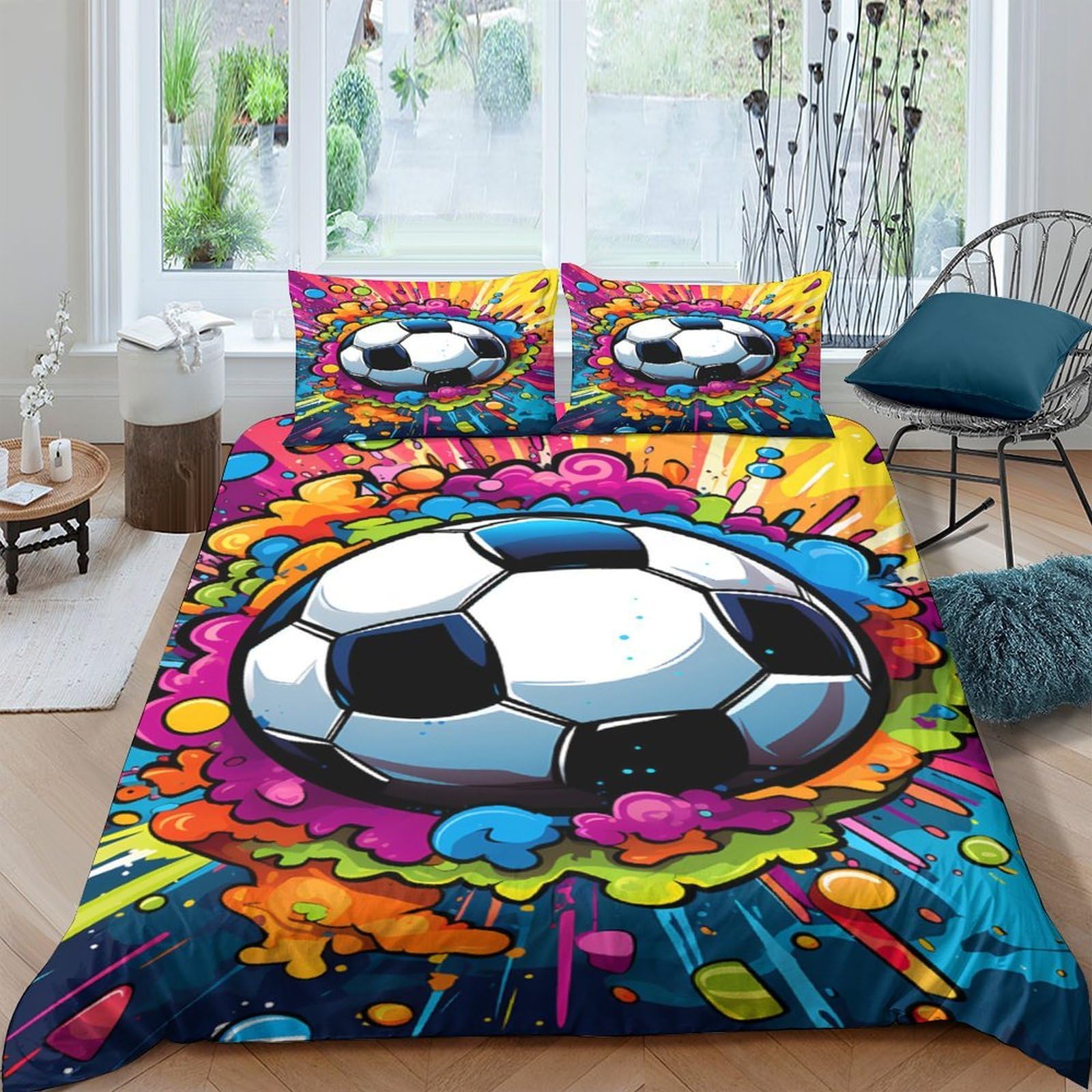XFKLYNVCJ 3D Printed SoccerBall Duvet Cover Microfiber VibrantPopArtStyle Bedding Cover Lightweight Hypoallergenic Shrink Resistant Quick Drying for Home Daily Use Single（135x200cm）