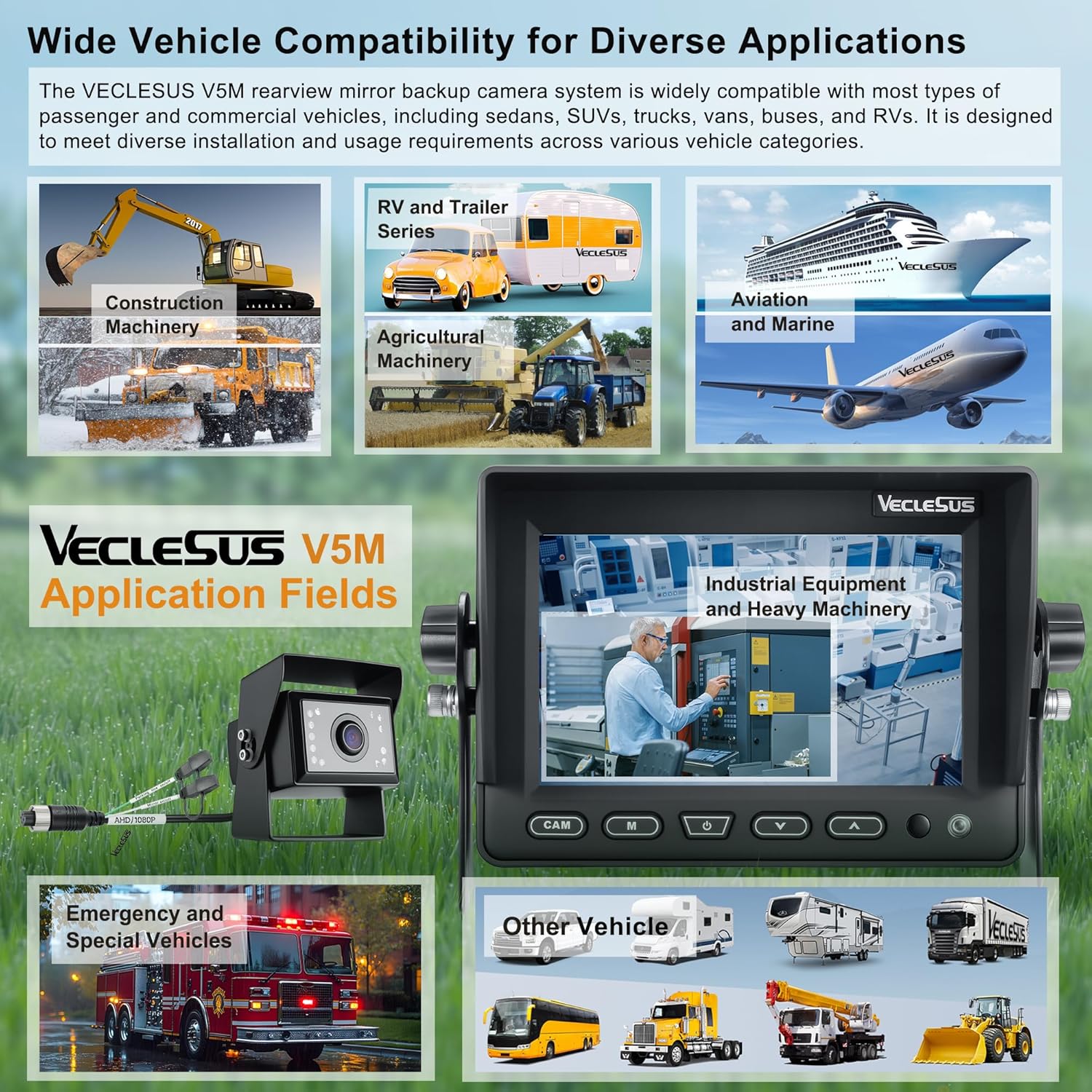 Backup camere System for Truck,VECLESUS V5M 5” 1080P Backup Camera System, 3-Channel Video Input with Reversing Delay & Night Vision, Waterproof Rear View Kit for Trucks/Buses/Vans