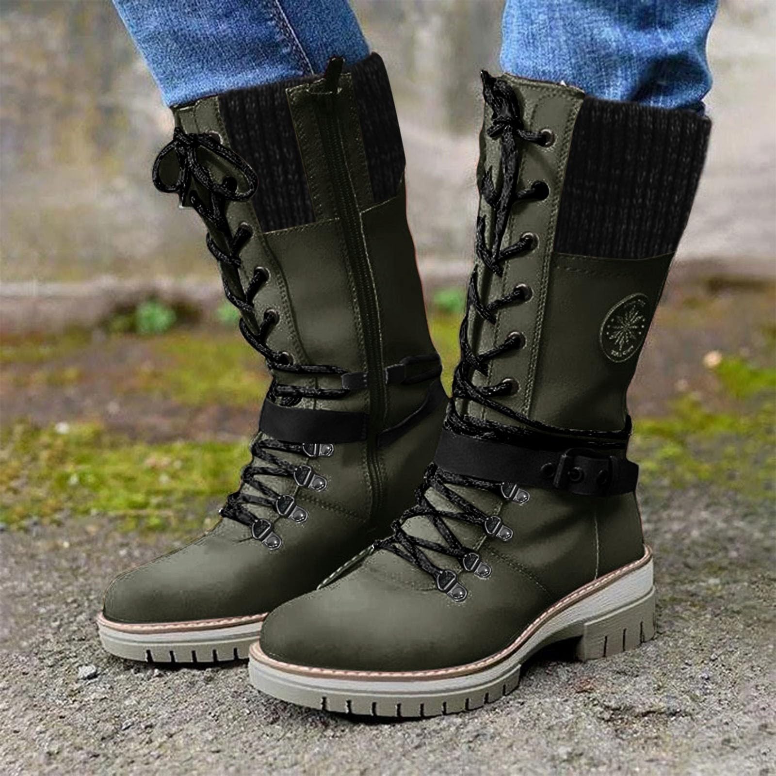 Generisch Botas de invierno para mujer, botas altas y cálidas, largas botas de invierno, botas de punta redonda, tacón de bloque, botas largas, hebilla de cinturón, botas de equitación