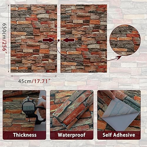 Miniatura 2 de ConCus-T Papel tapiz de ladrillo de 17.72 x 255.91 pulgadas, autoadhesivo extraíble, papel de contacto decorativo 3D para pared, chimenea, cajón