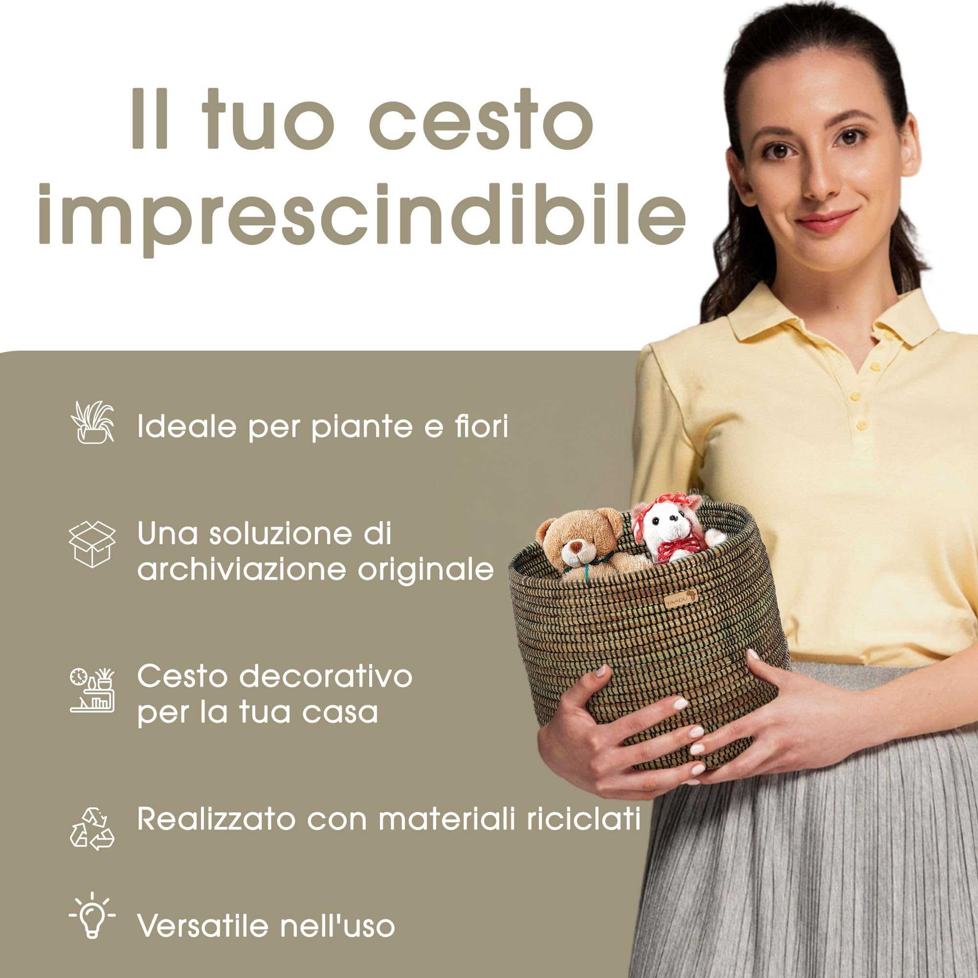 YAADU Cesto Portaoggetti Intrecciato - Per Piante, Ripiani, Africano, Decorativo, Giocattoli e Oggetti Diversi - Modello Kikongo (Nero)