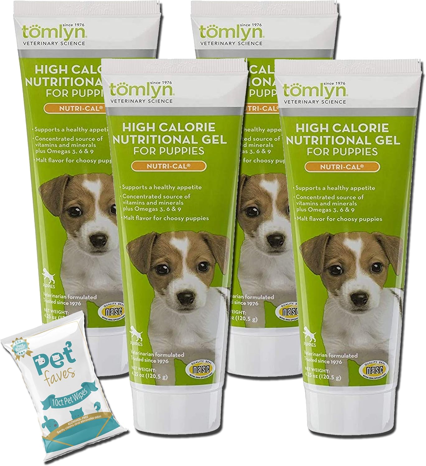 Pet Faves (4 Pack) TOMLYN Nutri-Cal Puppy Dietary Supplement, 4.25oz Each with 10ct Pet Wipes