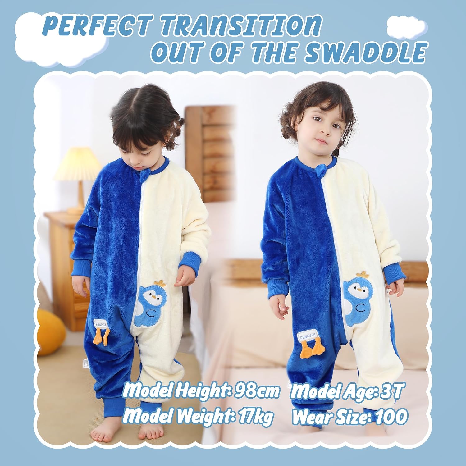 MICHLEY Baby Sleeping Bag Sack with Legs Long Sleeve Wearable Sleeping Sack for Boys Girls 3-4T, Blue Penguin