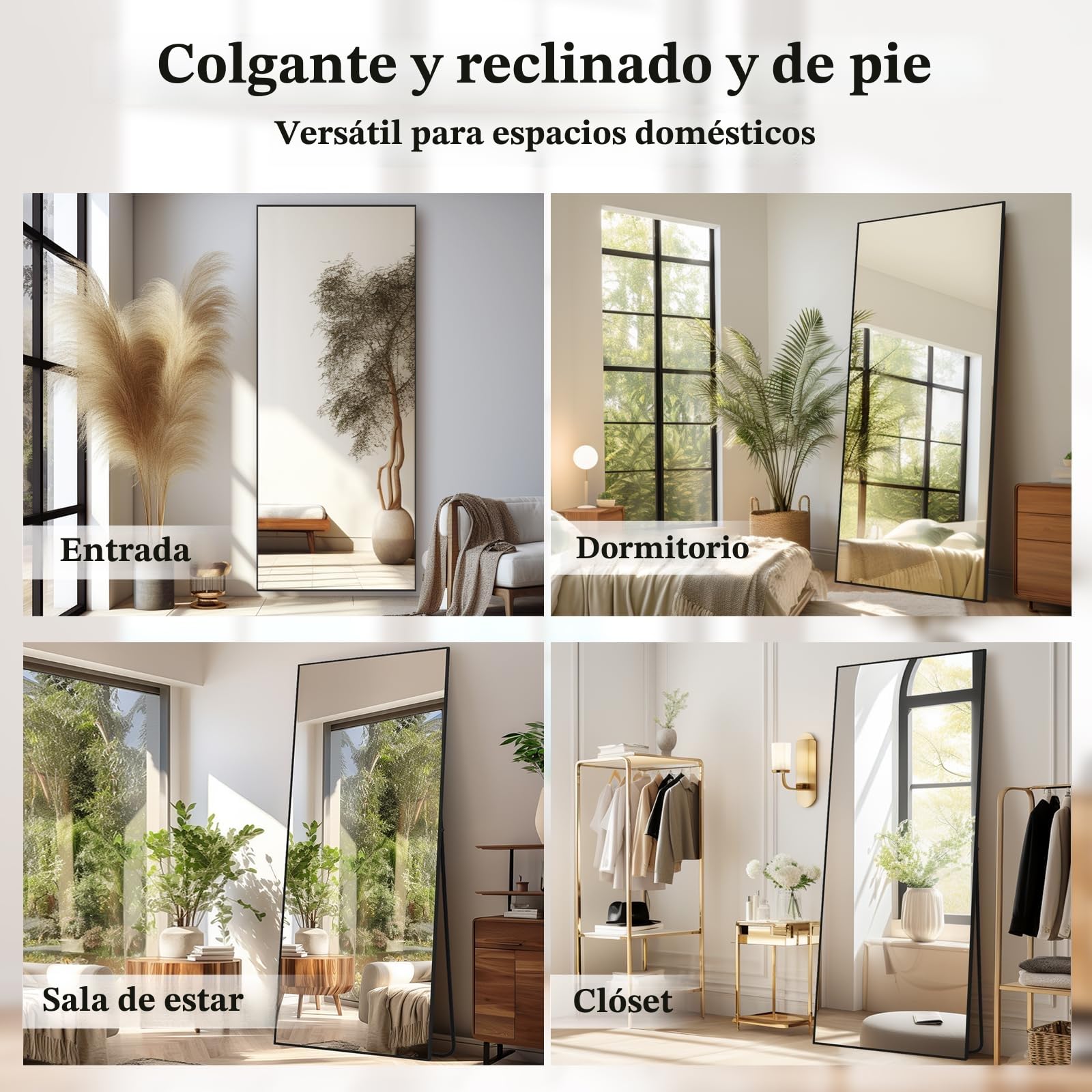 Espejos de Cuerpo Completo de Gran Tamaño Espejo Grande Independiente de Pie Espejo de Pared de Cuerpo Completo para Dormitorio, Sala de Estar y Entrada, Marco Rectangular Negro, 180x76 CM