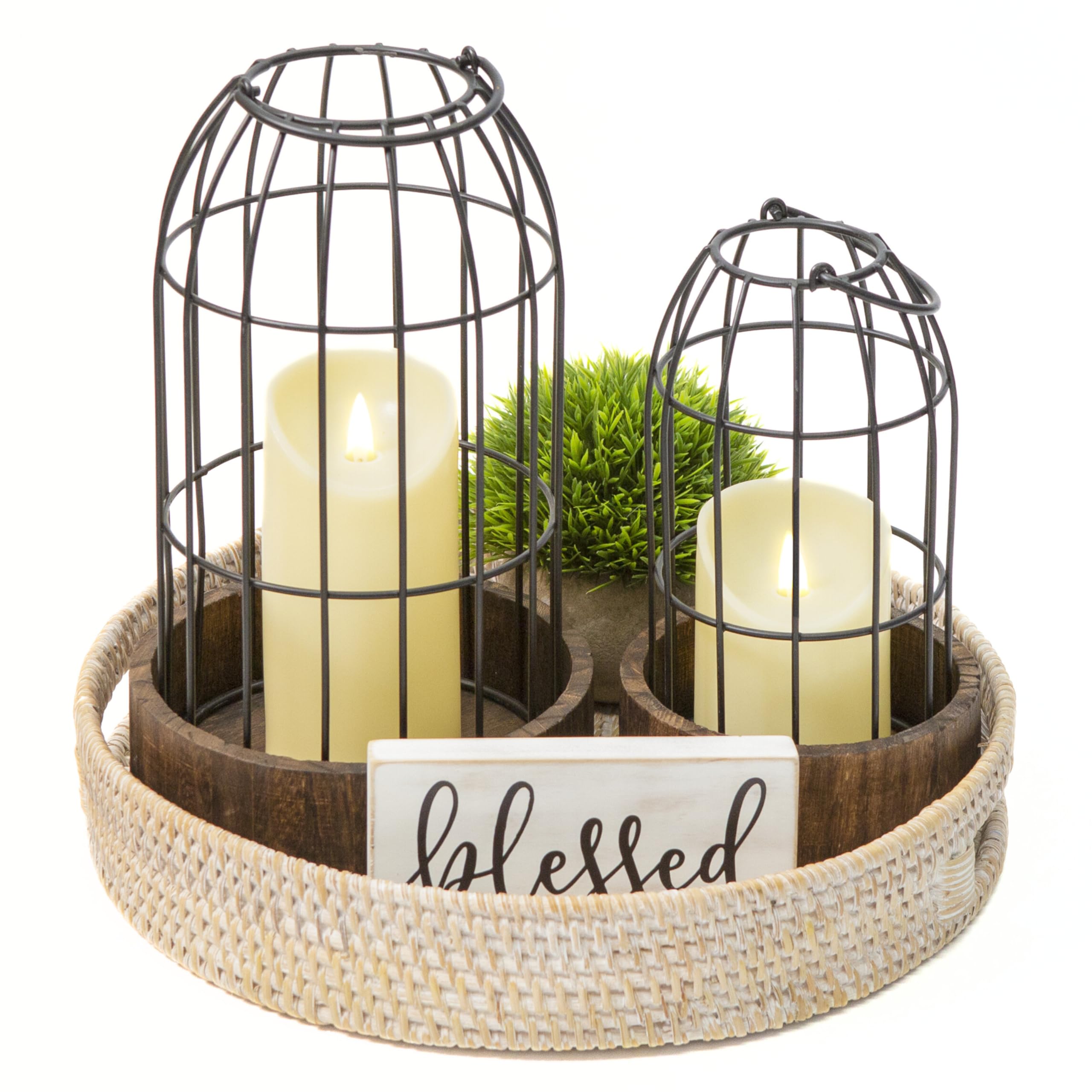 Perfnique Decorative Candle Lantern, Set of 2 Farmhouse Table Lanterns for Home Decor, Rustic Table Centerpieces for Dining Room, Fireplace Mantle Kitchen Decoration (Walnut)