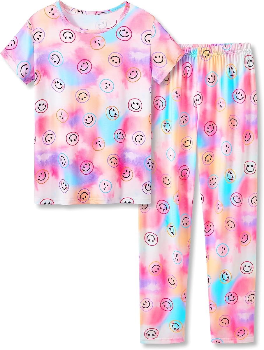Beezizac Girls Pajamas Cute Print Short/Long Sleeve Pants Set Size 6-18 | Soft Stretch Poly Blend, Comfy Crewneck, Elastic Waist Pants, Everyday & Holiday Sleepwear for Big Girls, Tweens & Teens