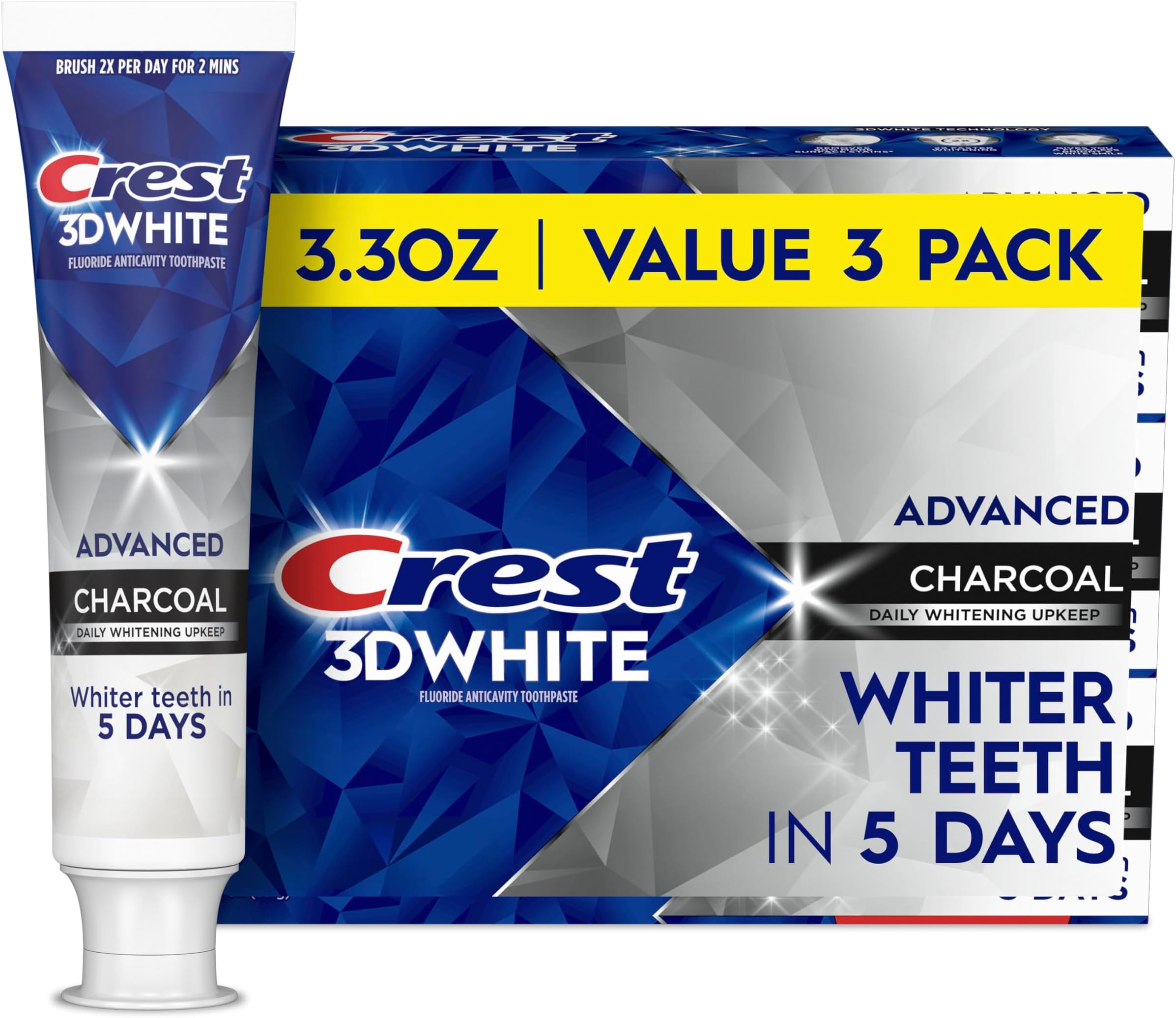 3D White Advanced Charcoal Teeth Whitening Toothpaste with Fluoride, 3.3 oz, Pack of 3