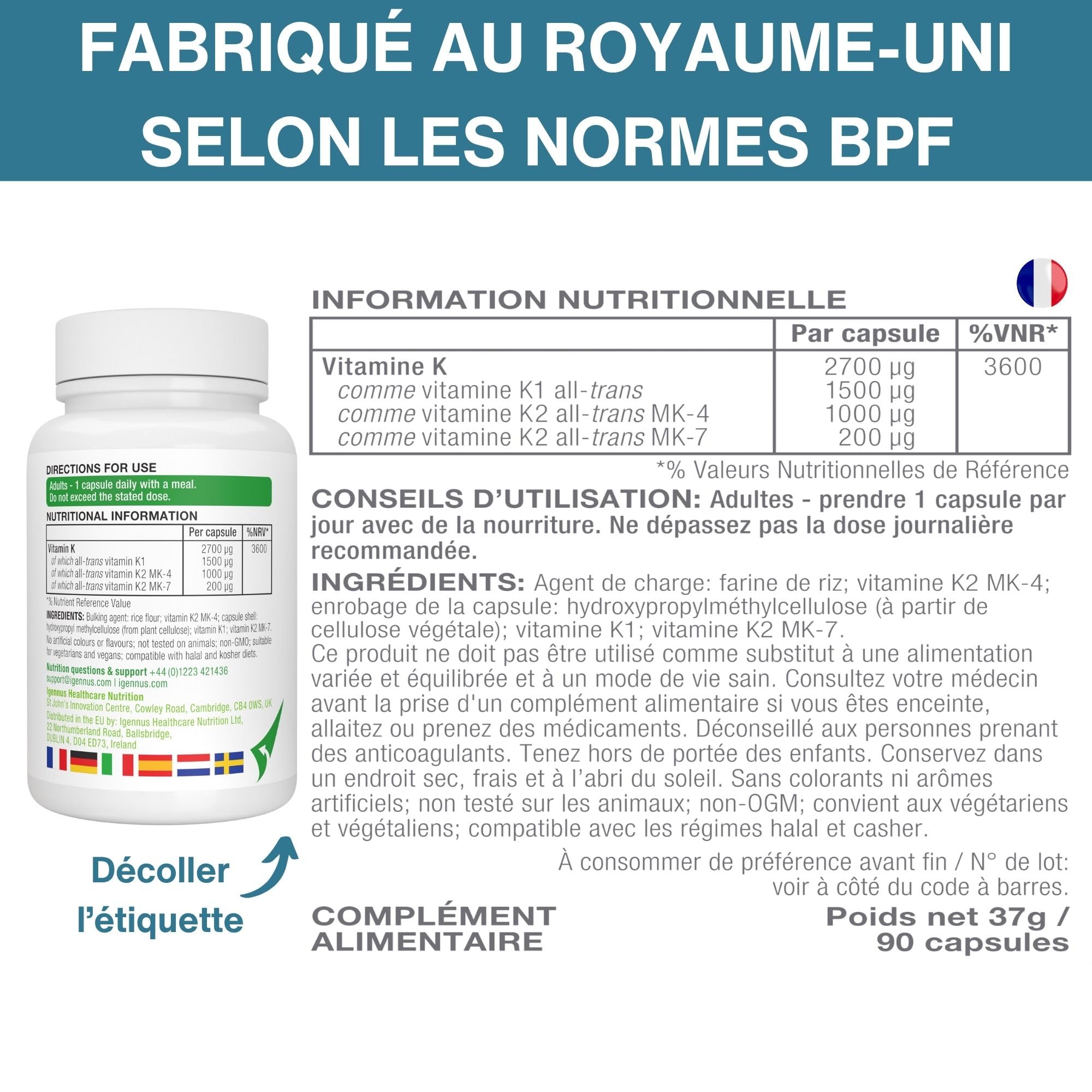 Igennus Triple Vitamine K Complex Avancé 2700 mcg, K2 (MK-4 & MK-7) & K1, Formes Naturelles Bioactives, Haute Puissance, Santé Osseuse et Cardiovasculaire, Formule Pure, Végan, 90 Gélules, 1 par jour