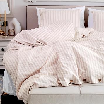 Lavien Home, 100% Natural Cotton Duvet Cover Set Queen Size, Dusty Lavender-Tinted Striped Pre-Washed 3-Piece Linen Like Bedding (Helena, Queen 90”x90”)