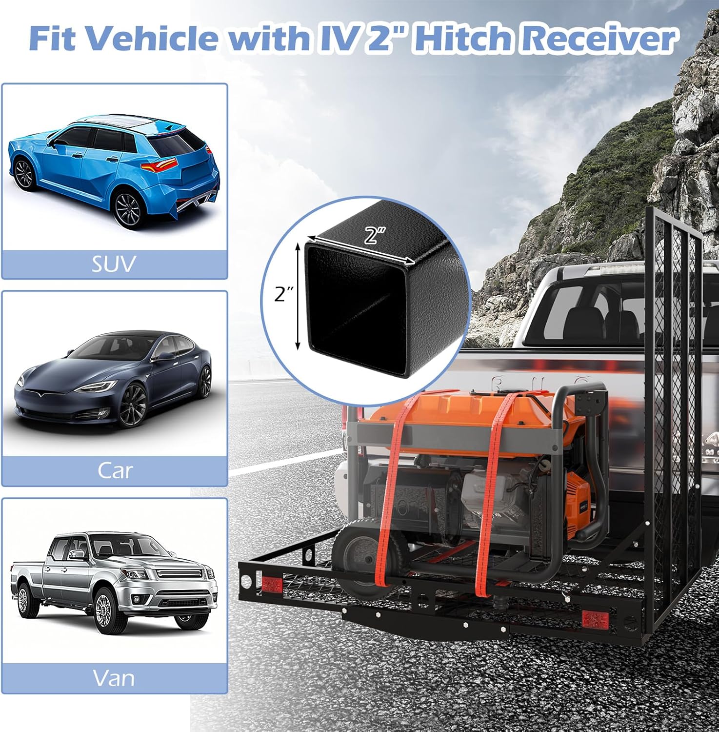 Diagram showing a 2-inch hitch receiver and compatible vehicles like SUV, car, and van.