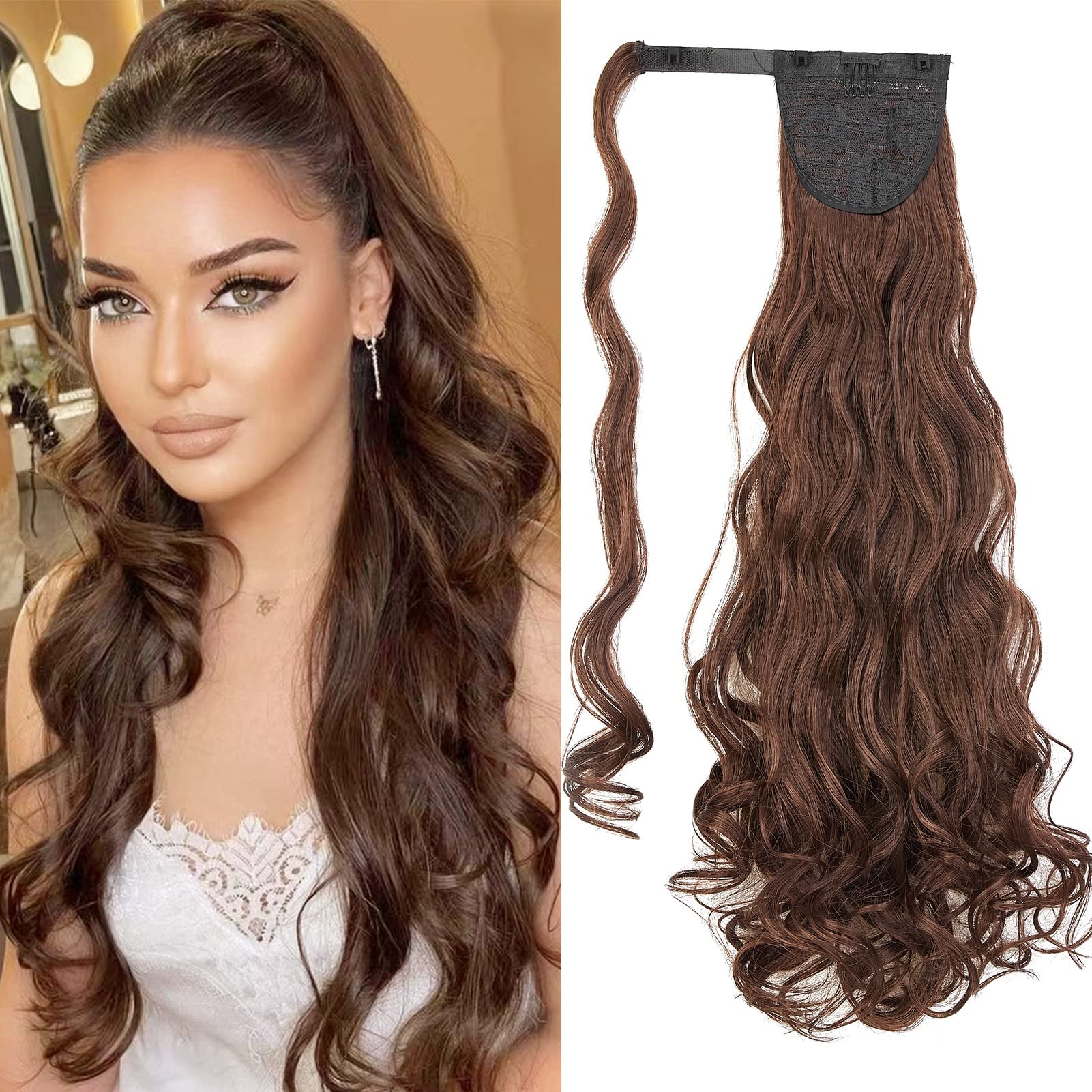 Gairyan Extensiones de Clip de Pelo Cola de Caballo Extension Coleta Postiza Sintético Extensiones Ponytail Hair Extension Rizado Liso Largo 24" - Marron oscuro&Castaño oscuro