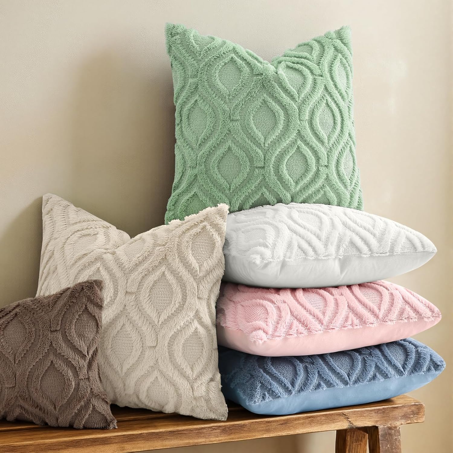 decorUhome Cozy Textured Throw Pillow Covers 20x20 Inch Set of 2, Soft Plush Faux Wool Beige Accent Couch Pillow Covers for Modern Farmhouse Sofa Bed Living Room - Image 6