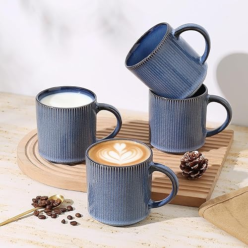 Miniatura 6 de MONITO Juego de 4 Tazas de Café de 16 Oz, Juego de Tazas de Café de Cerámica Rústica con Mango Grande, Tazas de Café de Gres con Rayas Vintage para
