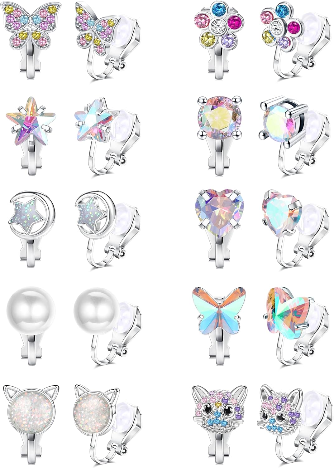 THUNARAZ 10 Pairs Clip on Earrings for Women Girls Butterfly Flower Pearl CZ Clip on Earrings for Girls Women Hypoallergenic Non Pierced Earring Sets Over 3 Years Old