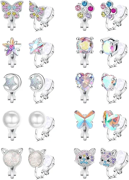 Thunaraz 10 Pairs Clip on Stud Earrings Non Pierced Butterfly Flower Pearl CZ Clip on Earring for Girls Women Hypoallergenic Non Pierced Earrings Set for Girls
