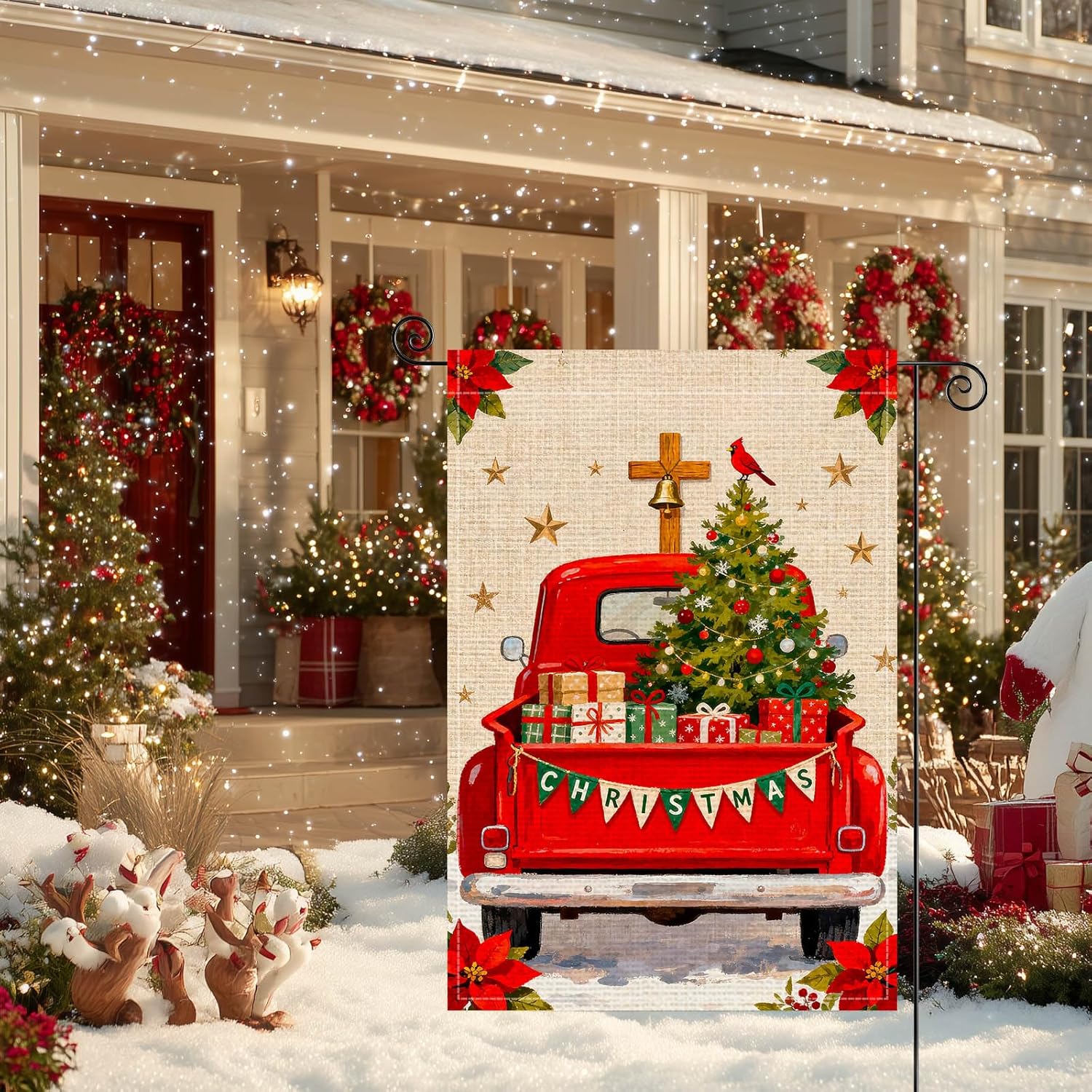 Merry Christmas Garden Flag Double Sided 12x18 Inch Burlap Winter Garden Flag Red Truck With Tree Gifts Banner Stars Cardinal Seasonal Flags Christmas For Patio Lawn Decoration - Image 8