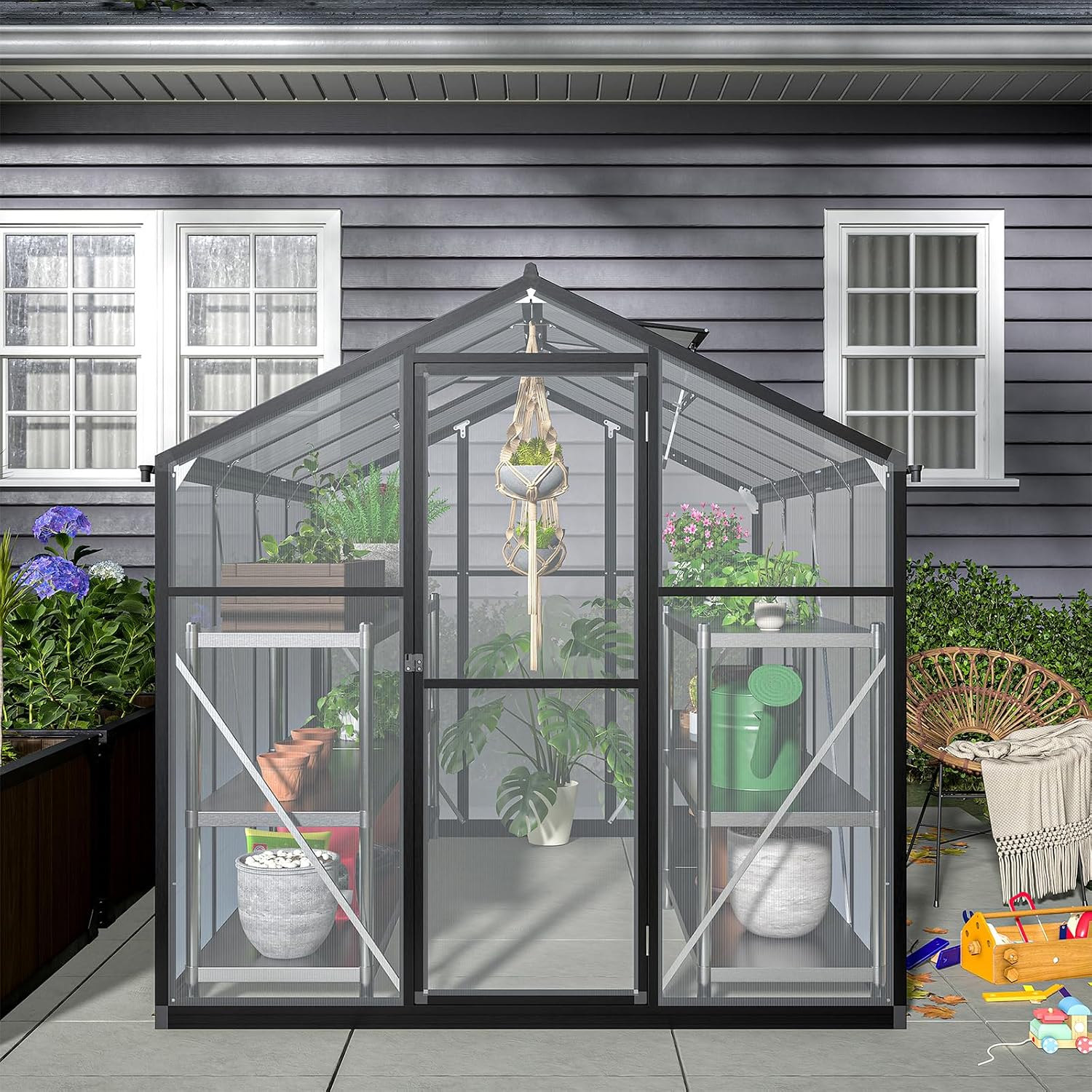 6x8 Ft Greenhouses for Outdoors, Walk-in Green House with UV-Coated Heavy-Duty Polycarbonate Panels for Outdoor, 2 Roof Vents Green Houses for Outside, Invernaderos para Plantas Exterior