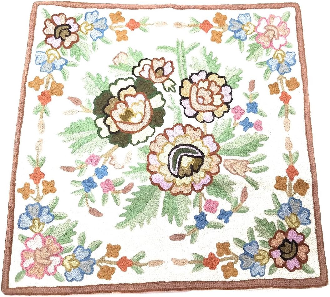Ayuni Gifts of the World Hand Embroidered Throw Pillow Cushion Cover Wool on Cotton 16" Square (Pastel Floral #10)