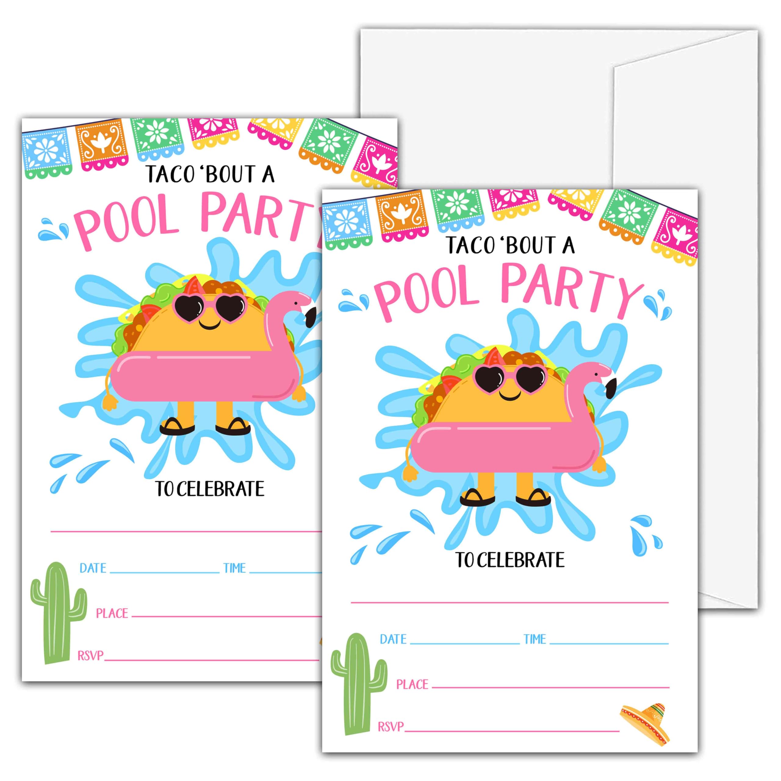 valucise Pool Party Birthday Invitations, Fiesta Birthday Party Invitations, Taco Bout a Pool Party Fill In Invitation Cards, Summer Birthday Party