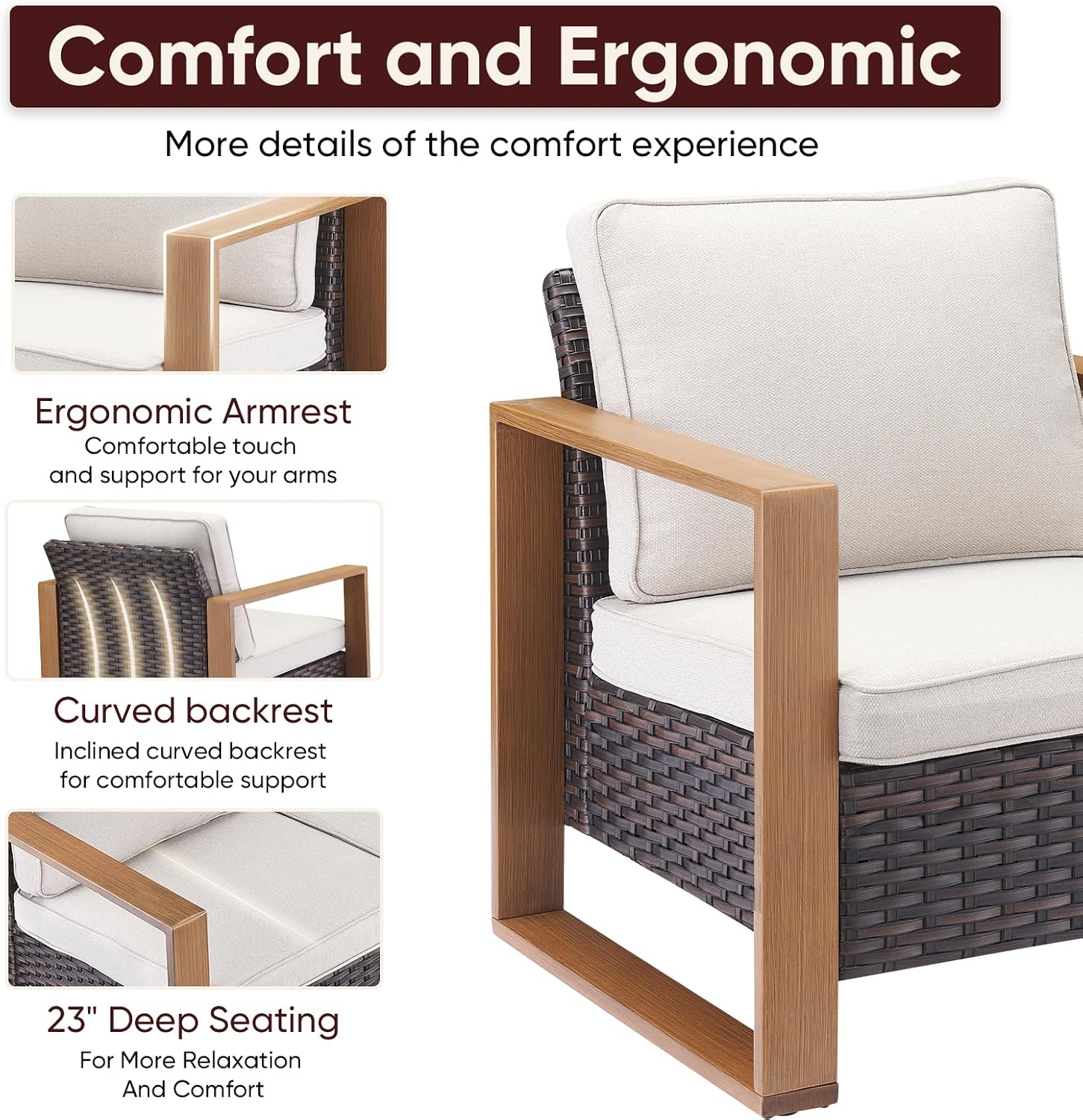 HUMMUH Patio Wicker Furniture Set Patio Chairs Set of 2 with Ottomans Outdoor Furniture Set for Deck Porch Balcony Poolside-Brown/Beige