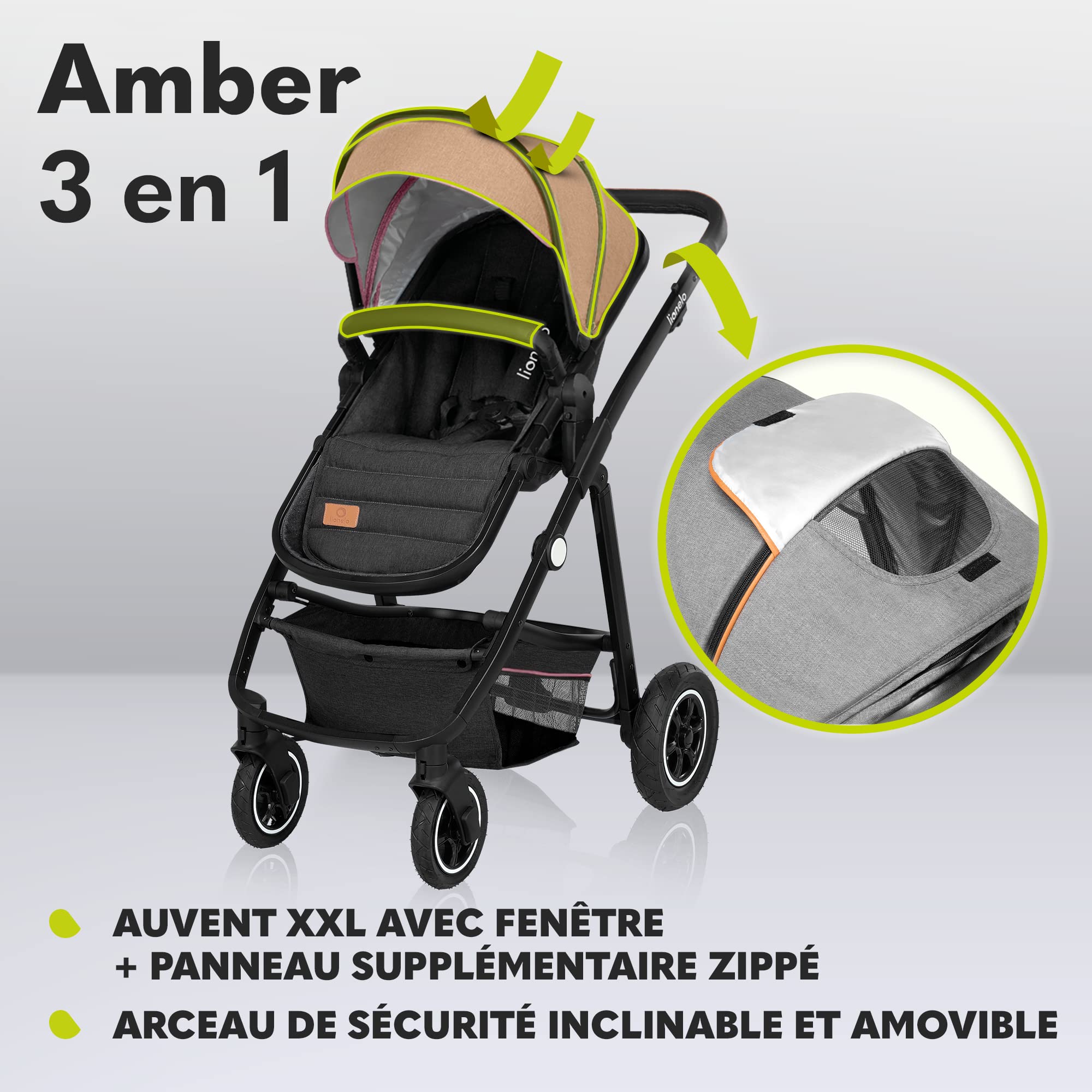 LIONELO Amber 3 in 1 poussette multifonctionnellle, landau, ensemble poussette avec siège sport et nacelle fixe, sac, moustiquaire, couvrir, feuille de pluie mit siege auto (Pink)