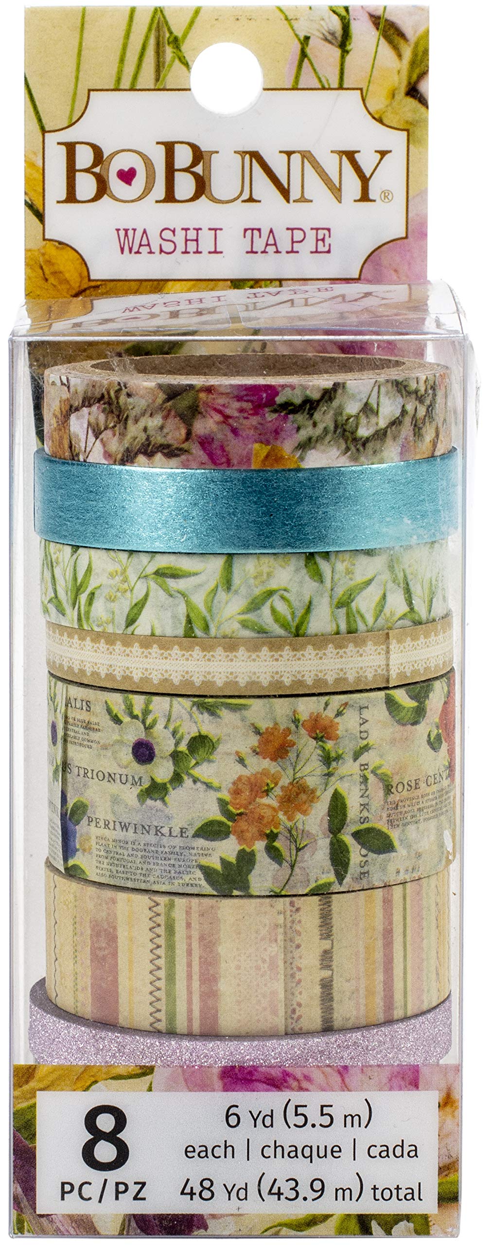 BoBunny Jour WASHI 8 Rolls, Botanical Journal W/Pink Glitter Accents