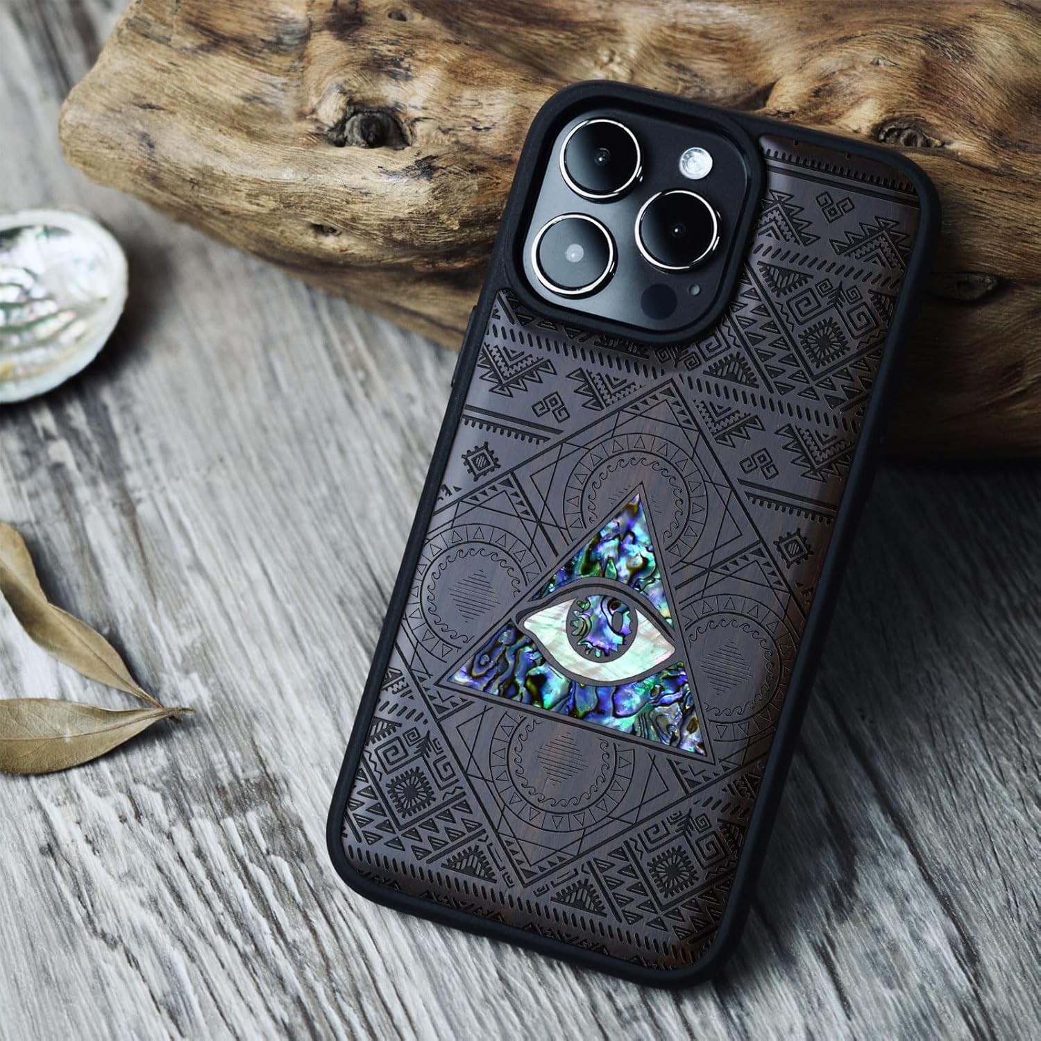 Carveit Designer Wooden Protective Magnetic Case for iPhone 14 Pro Max Case [Wood Engraving & Shell Inlay] Compatible with 14 Pro Max MagSafe (All-Seeing Eye-Blackwood)