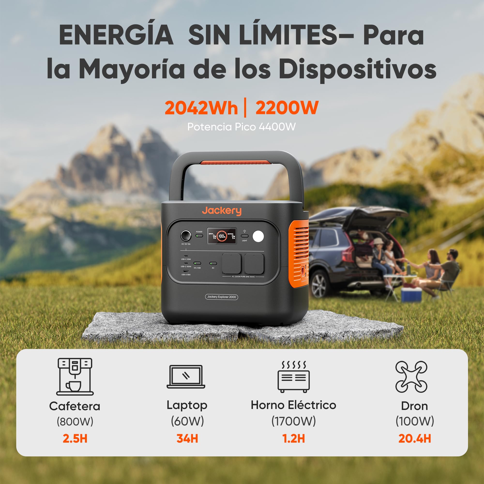 Jackery Explorer 2000v2 Estación de Energía Portátil con Cable de Carga de Coche, 2042Wh/2200W(Max 4400W) LiFePO4 Batería, Carga Rápida de 0-80% en 52 min Generador Solar para Camping, RV, Apagón