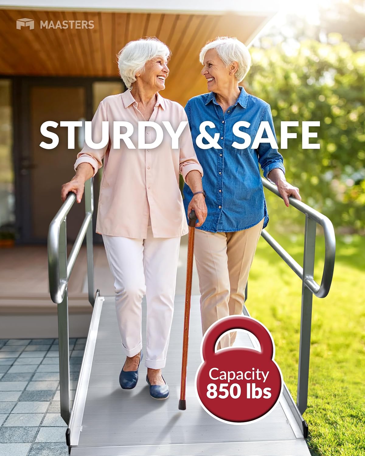 MAASTERS 8 Foot Handicap Ramp with Handrails - Loading Capacity 850 lb - for Wheelchairs, Scooters, Walkers - Non-Slip Surface