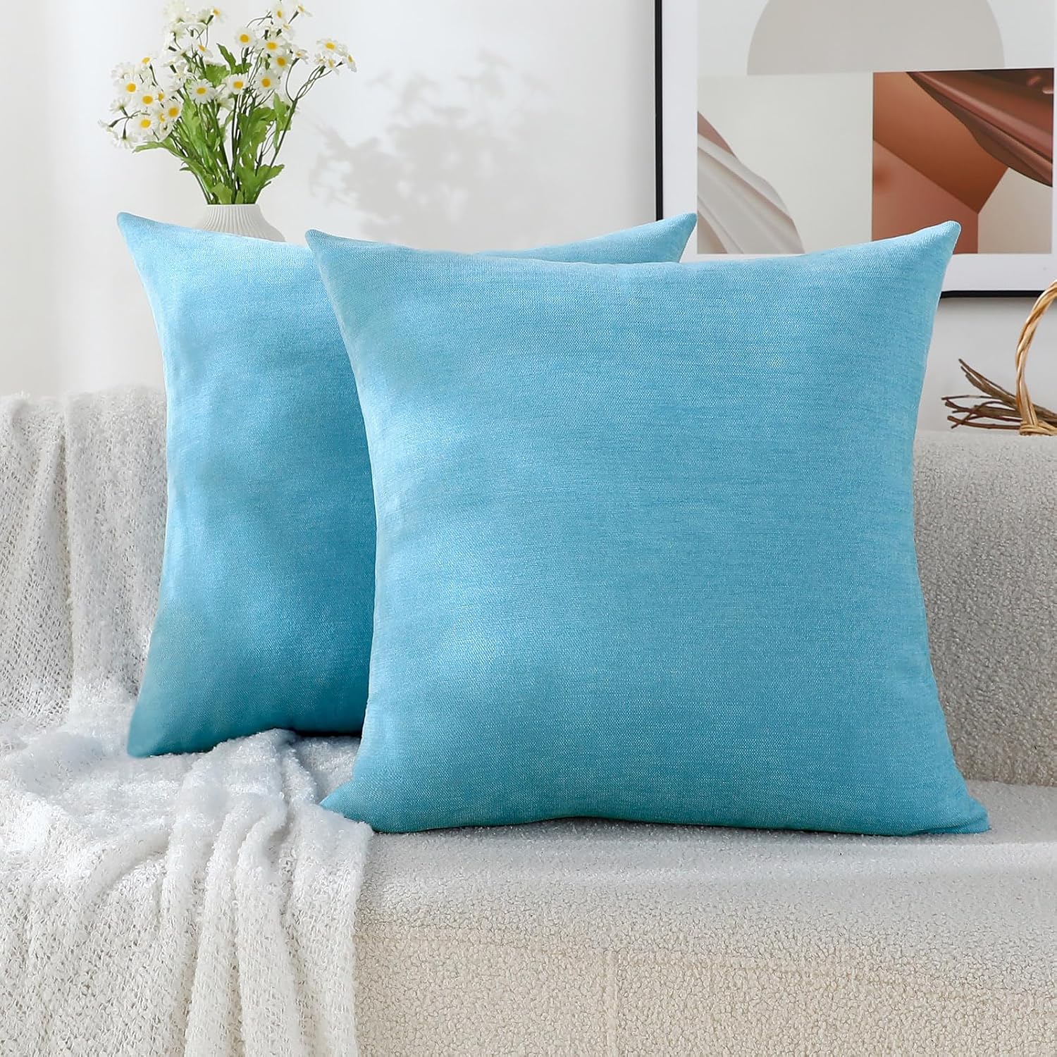 Sea Blue Soft Throw Pillow Covers Decorative Chenille Square Couch Cushion Cases for Livingroom Sofa Decor, Set of 2,20 x 20 Inches