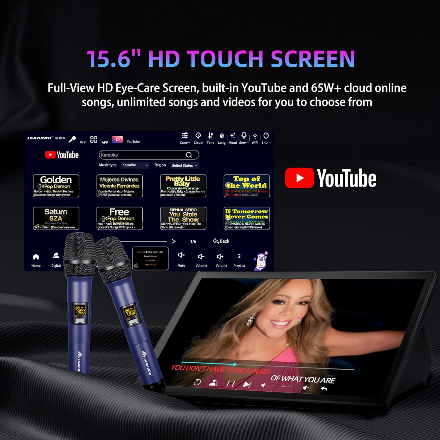 Karaoke Machine for Adults: 5in1 Karaoke Machine with 6.5'' Passive Speakers, All in One Karaoke Player with 15.6'' Touchscreen and UHF Wireless Mics, YouTube Integration, KTV Machine for Party