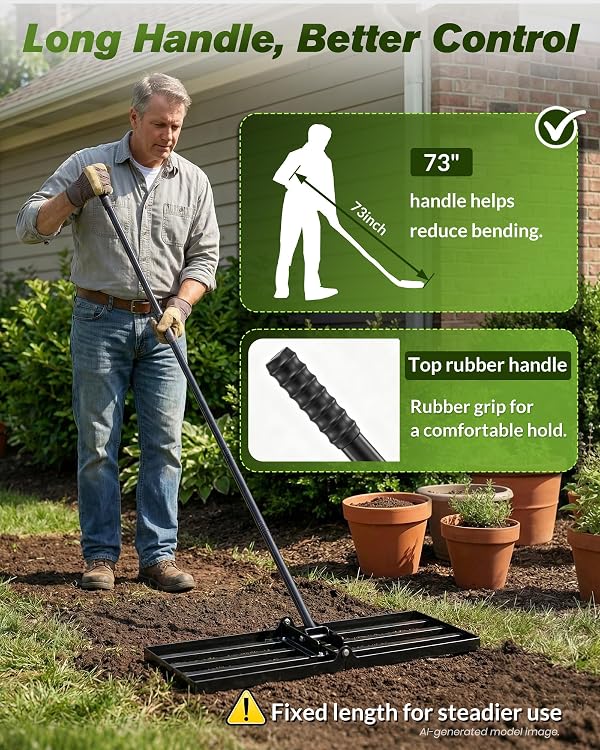 Sakerplus Lawn Leveling Rake 30 Inch, Landscaping Lawn Leveler, Heavy-Duty Yard Leveling Rake for Soil, Sand, Compost & Fertilizer, Fixed Handle Ground Leveler for Yard by SakerPlus - Image 5