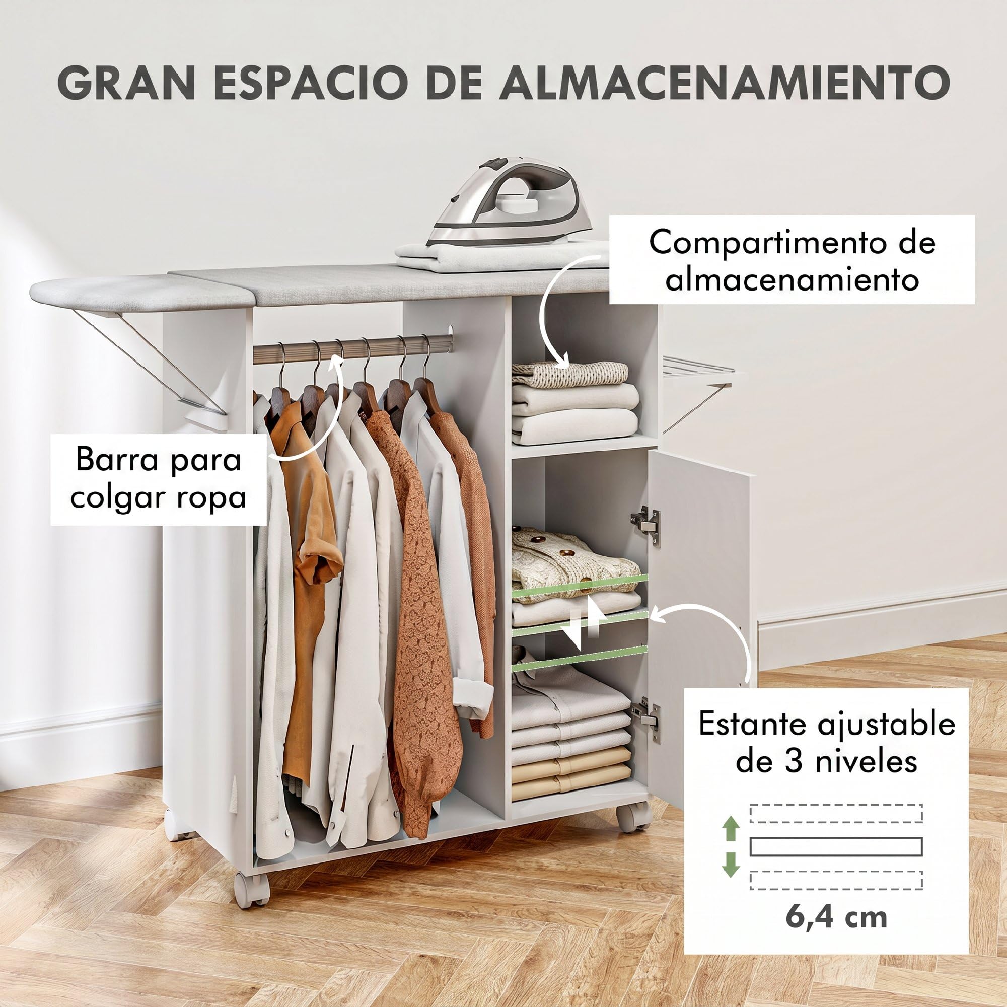 HOMCOM Mueble de Planchar de Madera Mueble de Planchado Tabla de Planchar Plegable con Ruedas Barra para Colgar Ropa Estante Abierto Estantes Ajustables para Sala Dormitorio 127x42,5x99 cm Blanco
