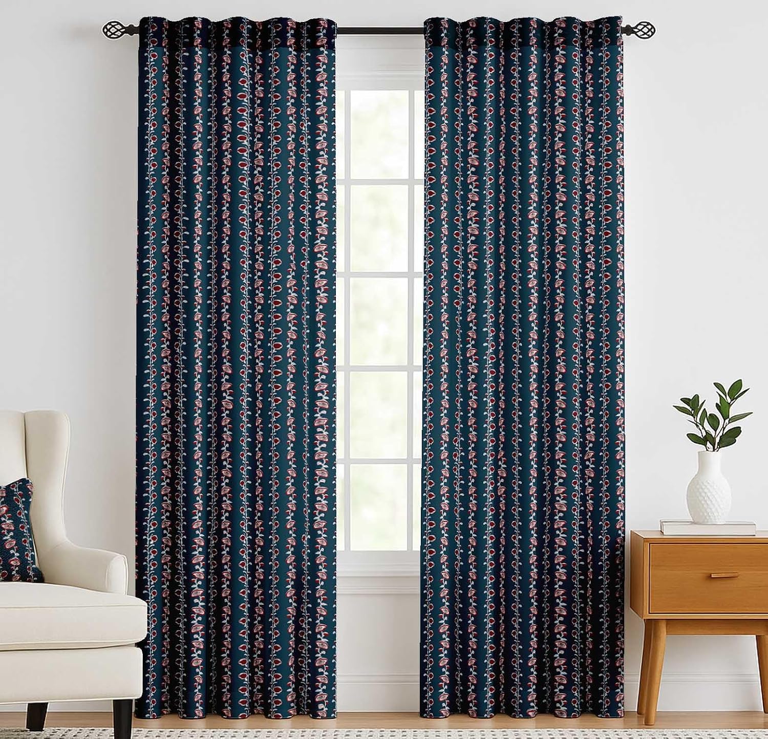 Cotton Curtains for Windows - 3-in-1 Rod Pocket/Back Tab Short Window Drapes - Light Filtering Cotton Canvas Panels - Set of 2, 52"x63" - Floral Print (Blue)