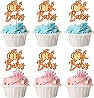Vista 30 de 24 decoraciones de calabaza Oh Baby para cupcakes con purpurina de calabaza para cumpleaños, baby shower, decoración de pastel de cumpleaños, baby