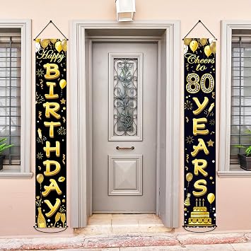 80th Birthday Party Banner Decorations for Women Men 80 Year Old Door Banners Signs Black Gold Cheers to 80 Years Brithday Party Supplies Welcome Porch Sign for Indoor Outdoor 80th