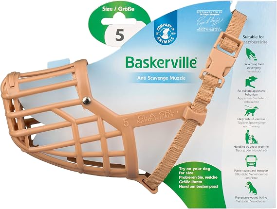 Baskerville Anti Scavenge Muzzle ، الحجم 5 ، يمكن للكلاب أن يلهث ويشرب ، ويمنع اللف ونفايات الطعام ، وهو مثالي للكلاب ذات الأنف الطويل ، كمامة تدريب الكلاب للتنفس للكلاب المتوسطة