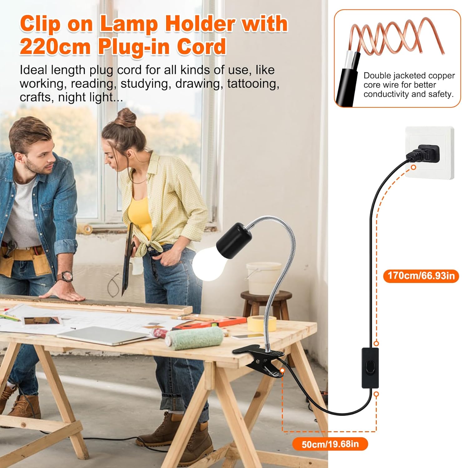Clip-on E26/E27 Clamp Light Socket with 220 CM Cable, 360 Rotatable Flexible Desk Lamp, 9MM & 350MM Thickened Lengthened Gooseneck, Metal Base, for Bedside