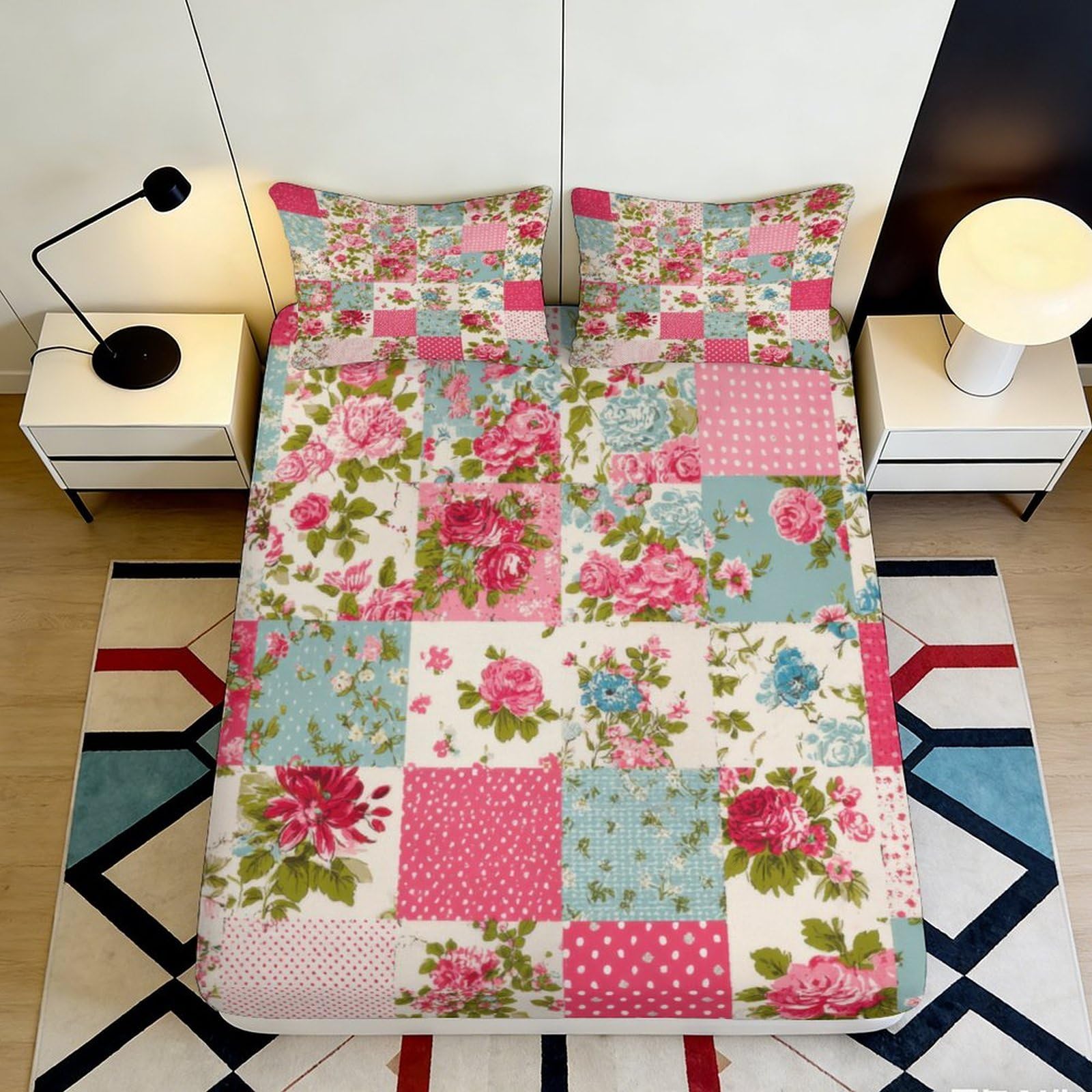 Kzqjxnhpcr Style-8 3D Printed Floral Patchwork Fitted Sheet Microfiber Deep Pocket Non-Slip Bedroom Bedding Floral Mattress Fitted Cover Elastic Hem For Adults Teens Washable 90X200x25cm 90X200x25cm