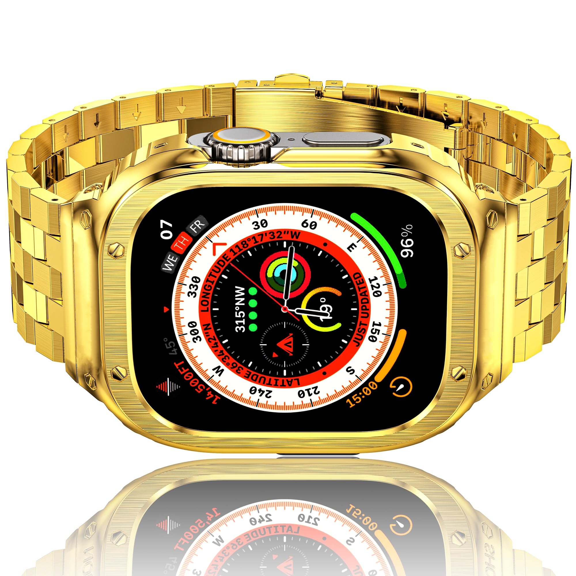 HASLFM Stainless Steel Watch Band and case Compatible with Apple Watch Ultra 2/Ultra(49mm),Men' Metal Rugged Protective Bumper Cover with Strap for iWatch Gold