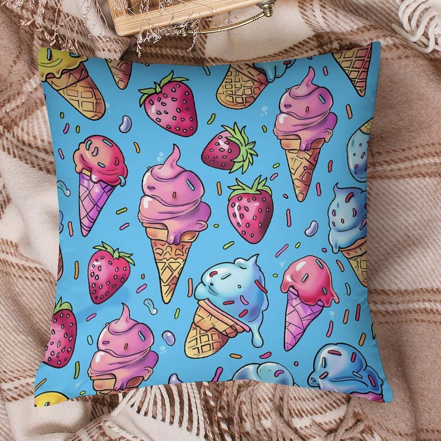 Sweet Ice-Creams Printed Throw Pillow Case 4 Pcs Soft Pillowcases Pillows Covers Sofa Bed Decor 12/14/16/17/18/20/22/24/32 Inches