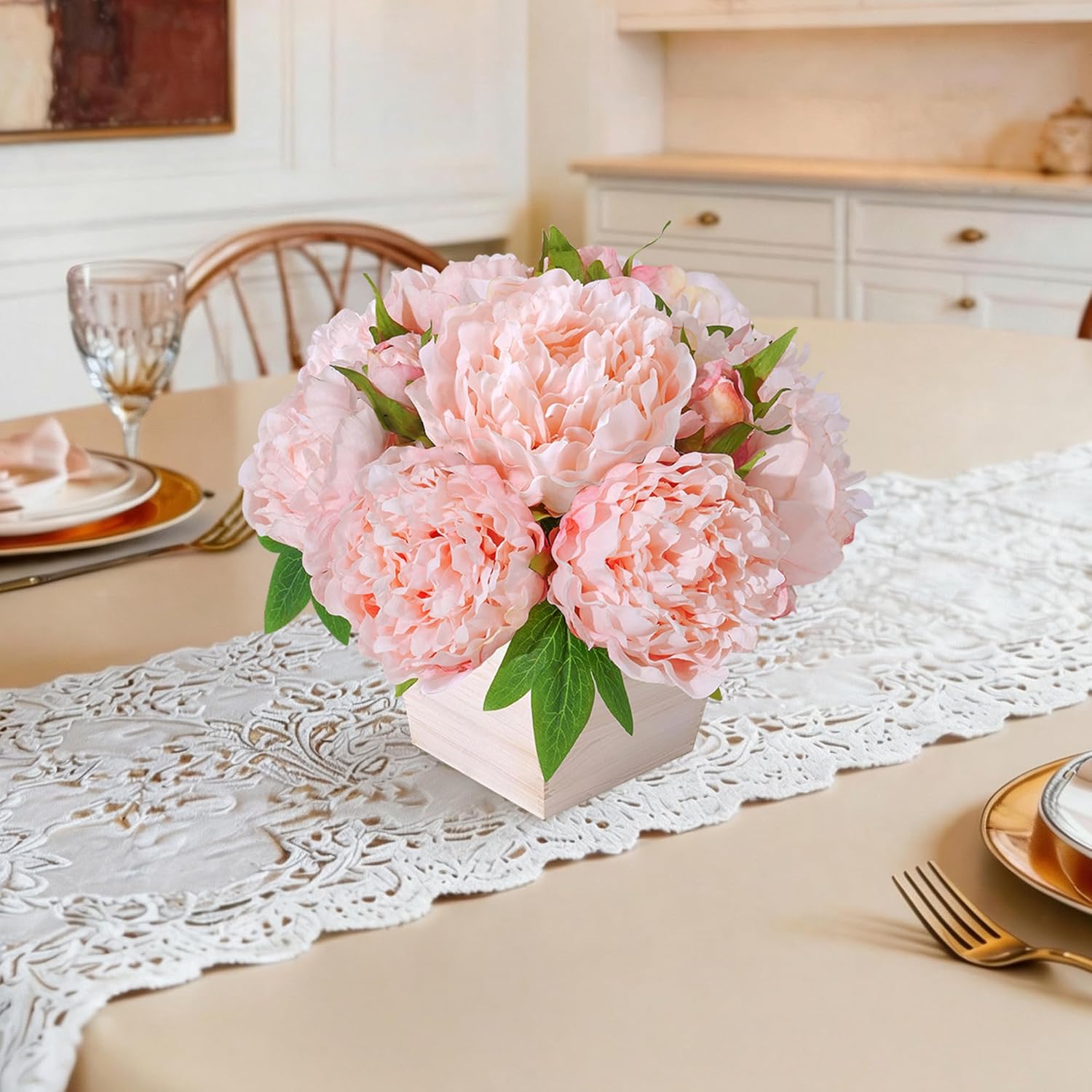 Artificial Peonies Flowers with Wood Planter, 12Pcs Light Pink Silk Floral Arrangements Home Decor, Centerpieces for Tables, Flower Bulk with Vase, Real Look Peony for Office Washroom
