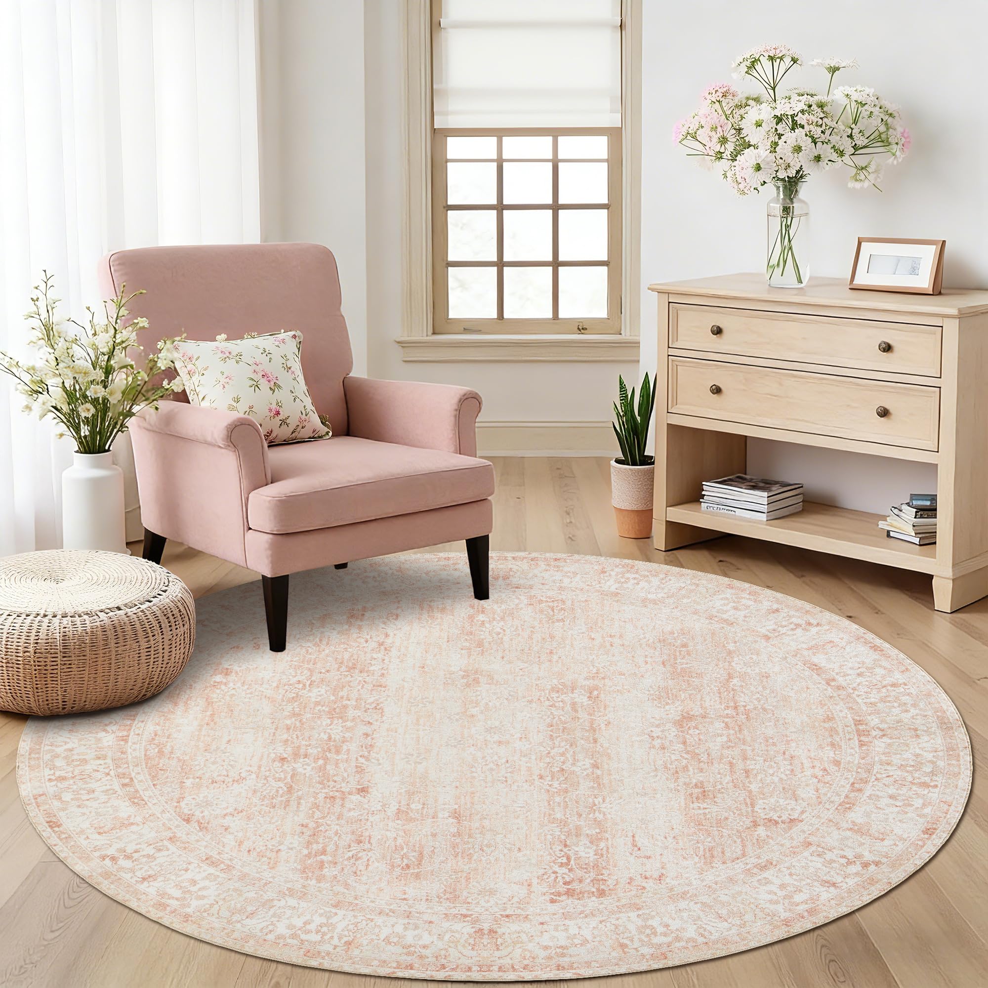 BILEEHOME 5ft Round Washable Vintage Floral Print Blush Pink Circle Rug for Kitchen, Living Room, Bedroom, Dining Room โ image 1