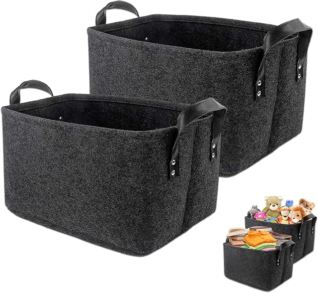 Ruucy 2 Pack Felt Storage Basket, Foldable Felt Storage Box with Handle, Open Storage Bins Laundry Baskets, Large Organizer Basket for Clothes, Toy, Books, 39x29x25cm, Black